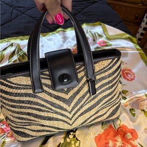 Coach Straw & Leather Tote-Black/ Tan